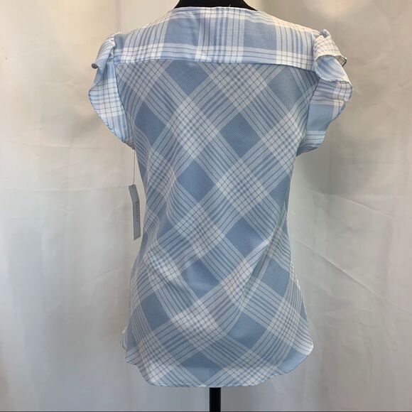 FRONT knot wrap plaid check blouse ruffle sleeve Blue white Sz S NWT - Picture 6 of 11